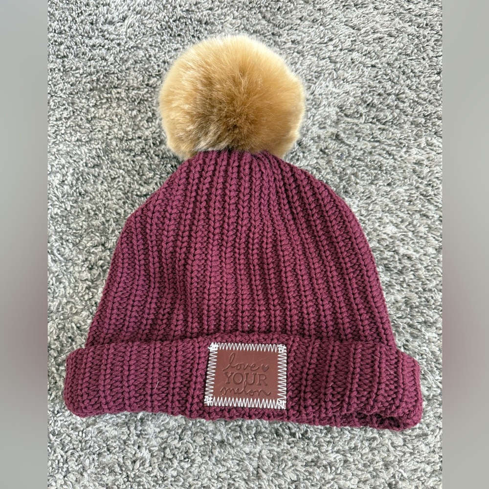 Love Your Melon Fitted Burgundy Knit Beanie with Detachable Faux Fur Pom - Picture 2 of 2